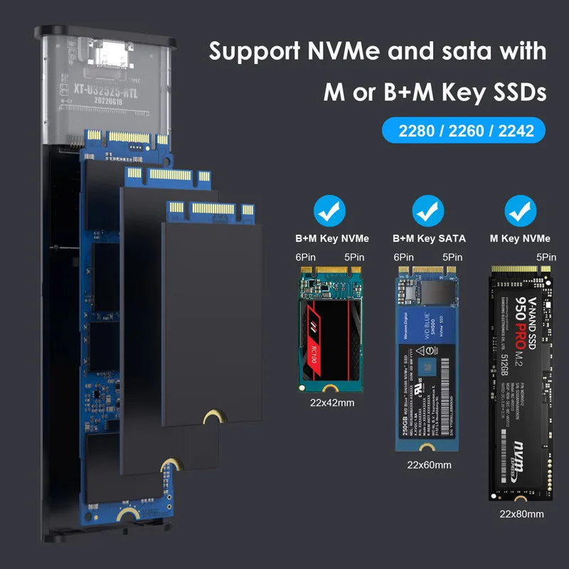 10Gbps M.2 NVMe SSD Enclosure Dual Protocol NVME SATA M.2 to USB Type C 3.1 SSD Adapter for NVME PCIE NGFF SATA SSD Disk Box