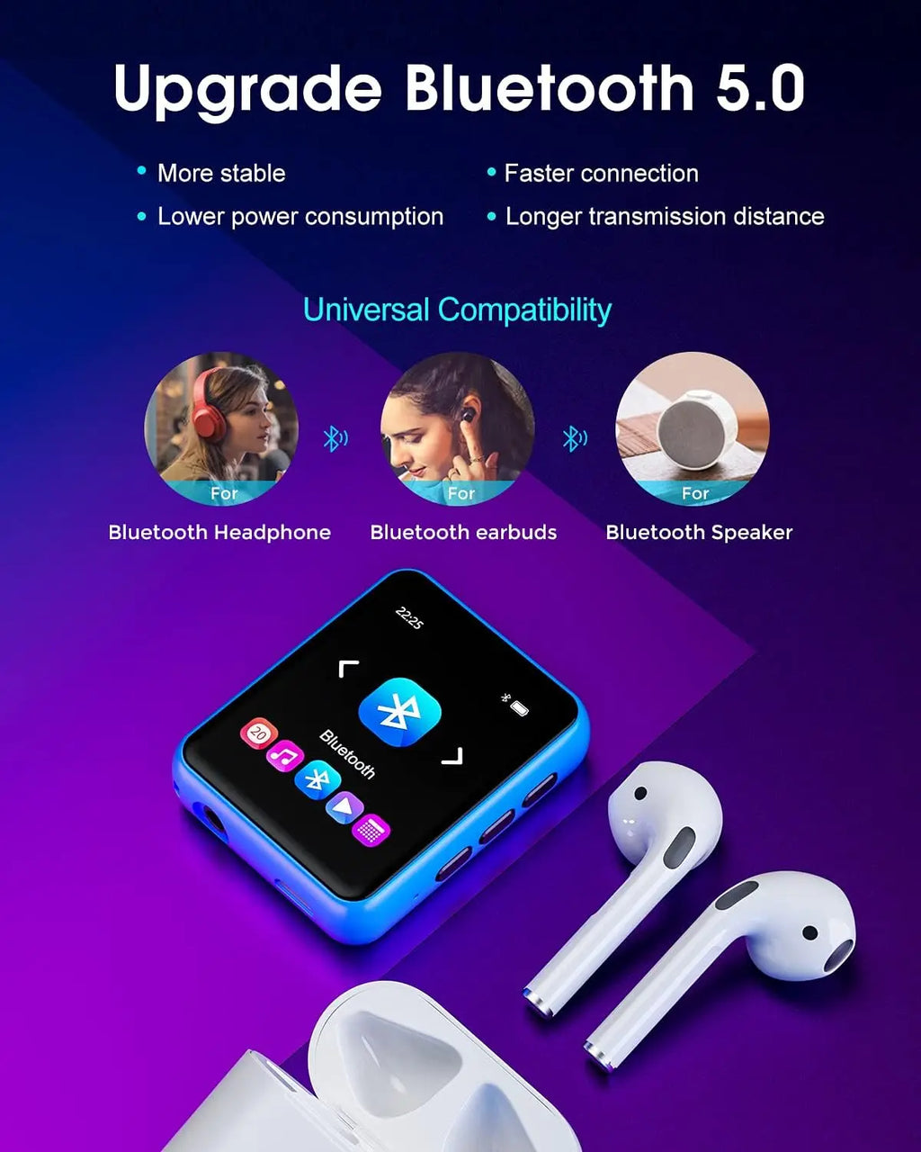 MP3 Player with Bluetooth 5.0 Portable HiFi Lossless Sound MP3 Music Player and FM Radio Recorder E-Book 2.4 inch Screen Maximum