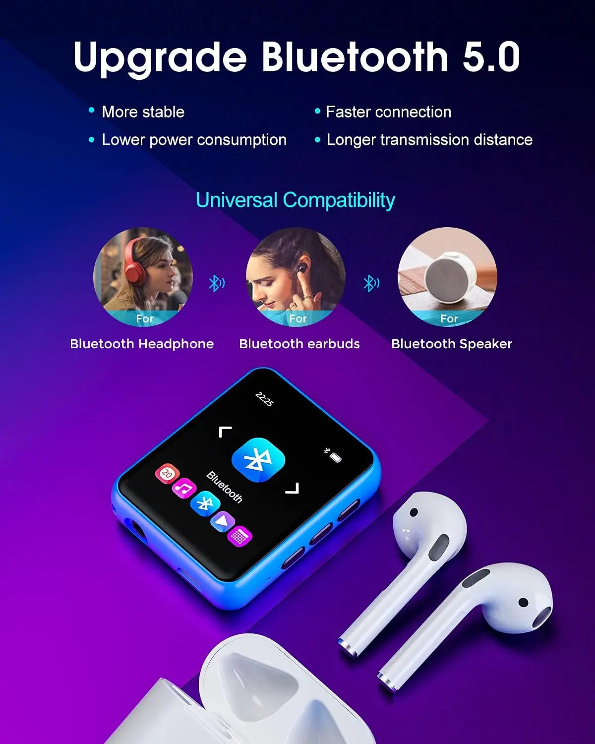 MP3 Player with Bluetooth 5.0 Portable HiFi Lossless Sound MP3 Music Player and FM Radio Recorder E-Book 2.4 inch Screen Maximum
