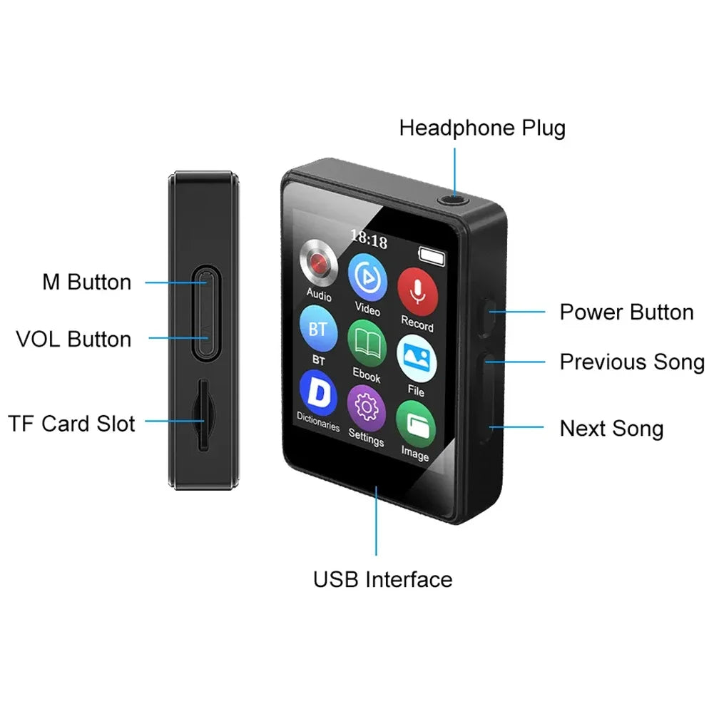 Portable MP3 Player Bluetooth 5.0 Music Stereo Speaker Mini MP3 Video Playback With TFT Screen TYPE-C Charging 8/16/32/64GB