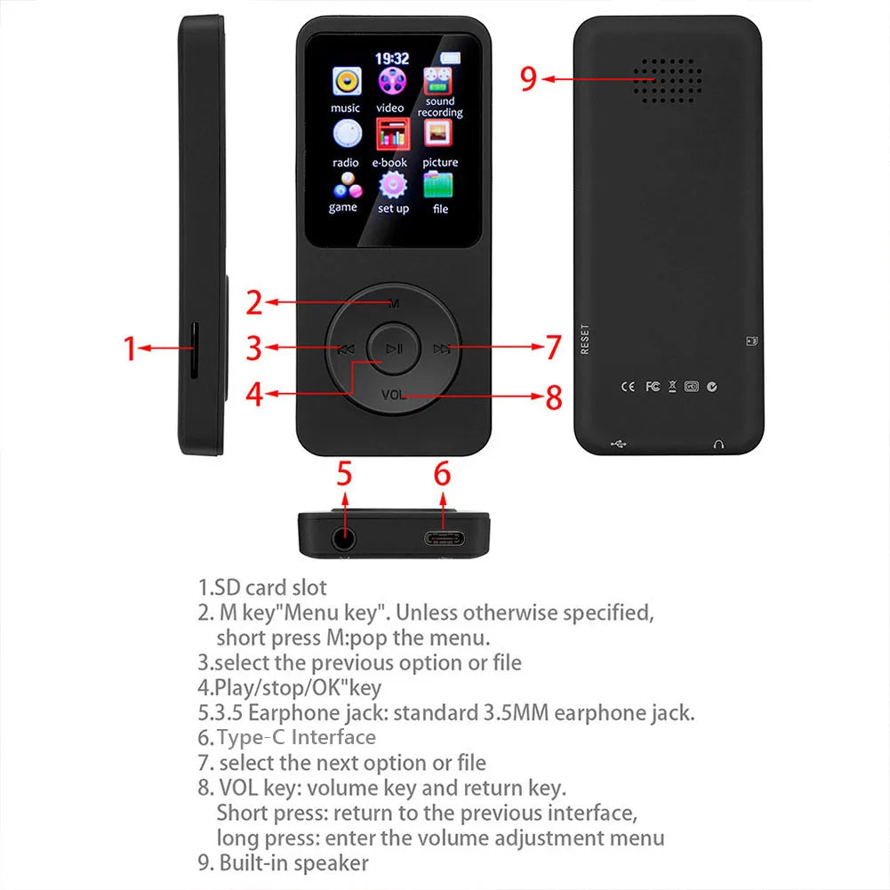 MP3 Player 1.8 in Screen HiFi Lossless Music Player Bluetooth-Compatible 5.0 Sports MP3 Player Support FM Radio E-Book Recording