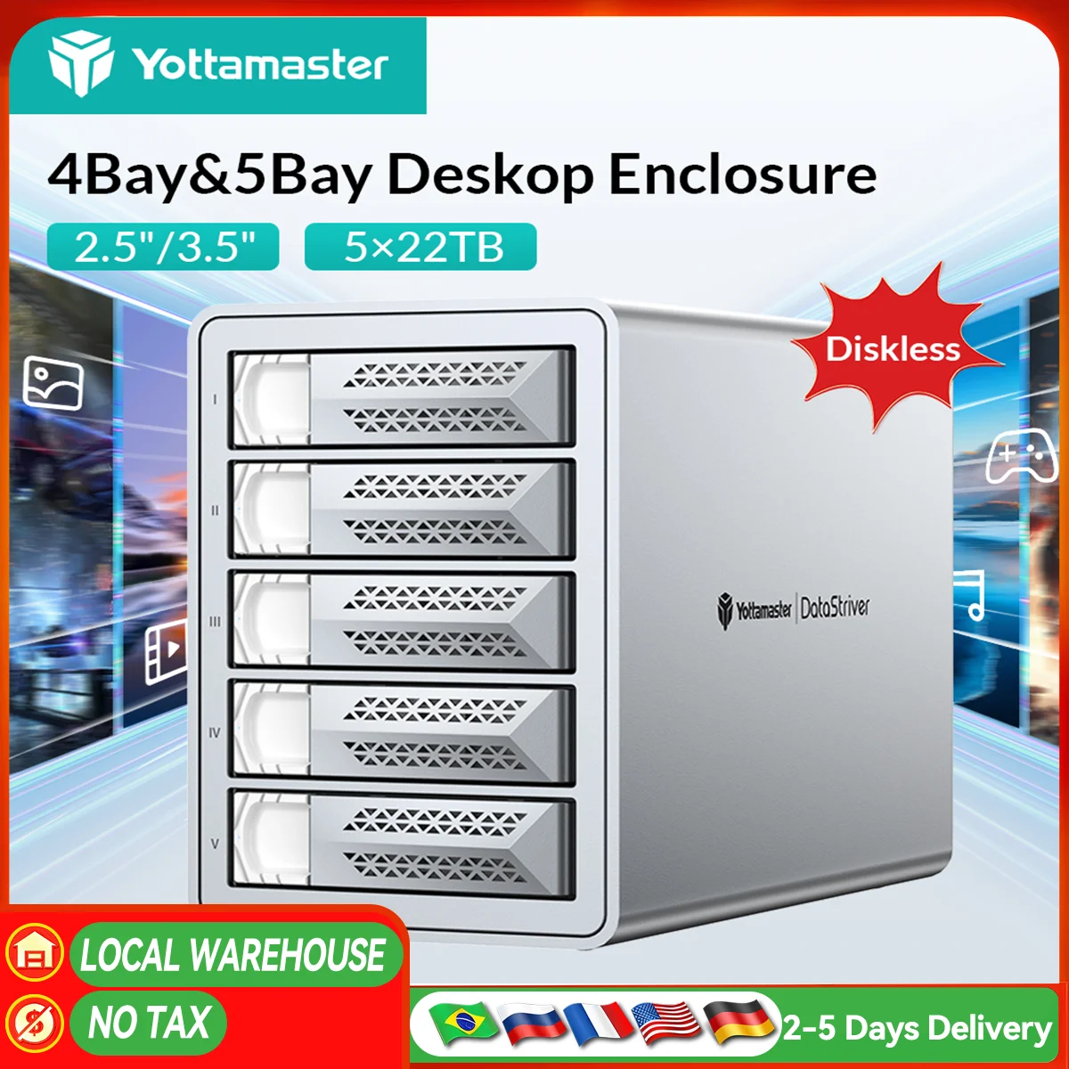 Yottamaster 10Gbps 2.5/3.5"SATA HDD SSD Enclosure Type C HD External Case USB3.1 Daisy Chain Hard Drive Storage Box for Game PC